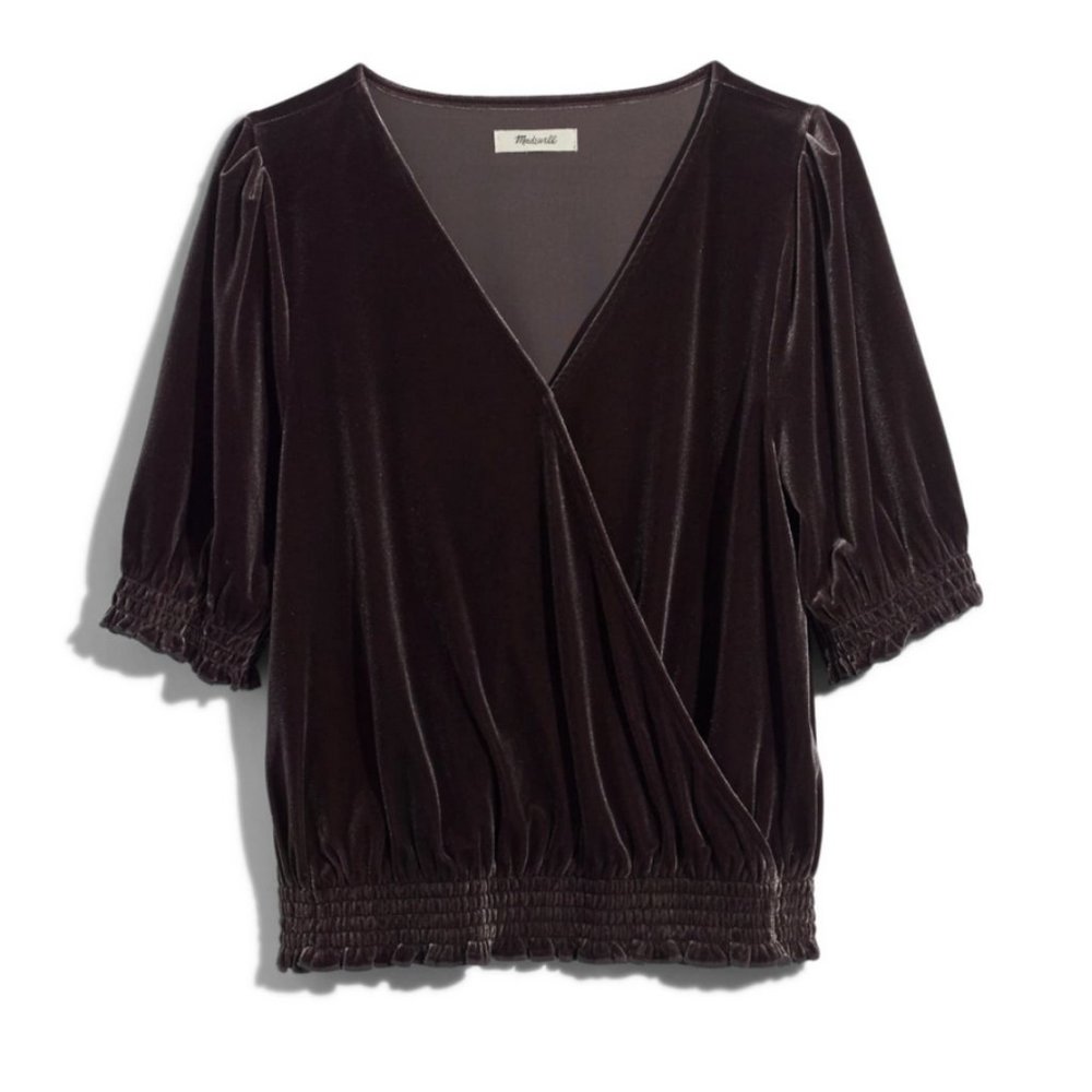 Madewell Dark Gray Silver Short Sleeve Velvet WrapTop